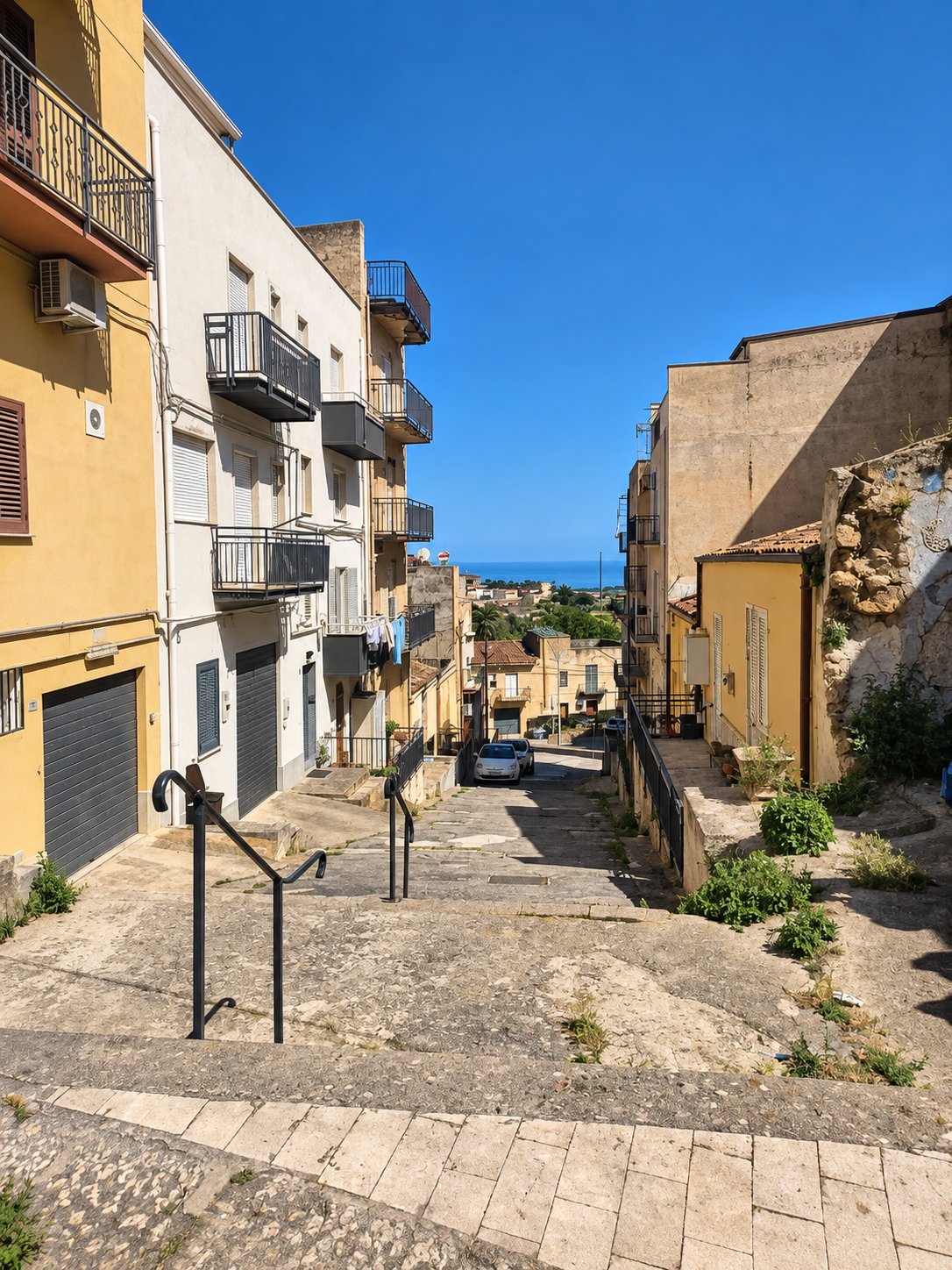 Vicolo in discesa nel centro storico di Alcamo con vista sul mare in lontananza